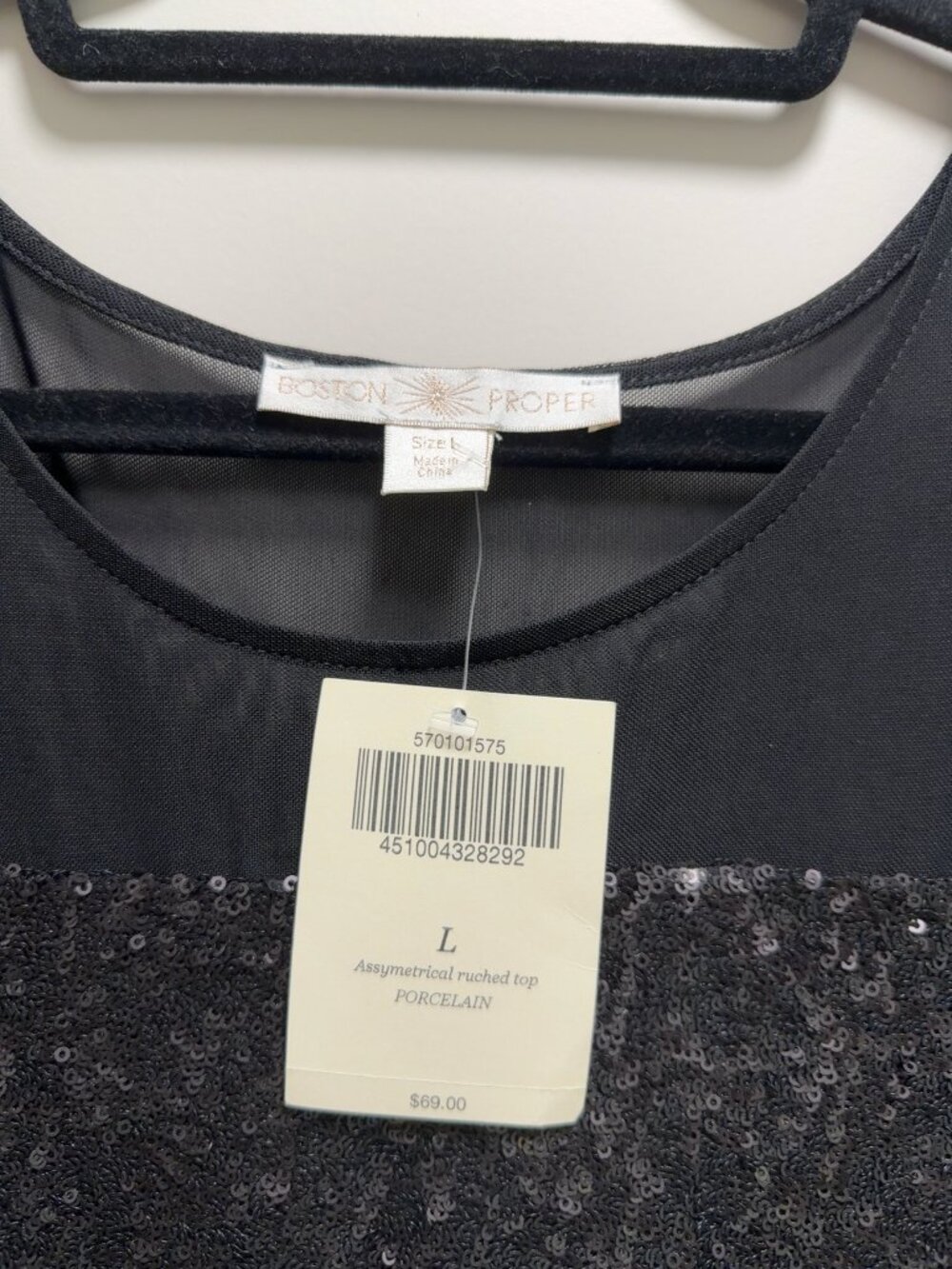 NWT Boston Proper Black Sequin Mesh Peplum Top Size L